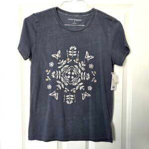 Lucky Brand Gray Classic Crewneck Butterfly Floral Embellished T-Shirt
